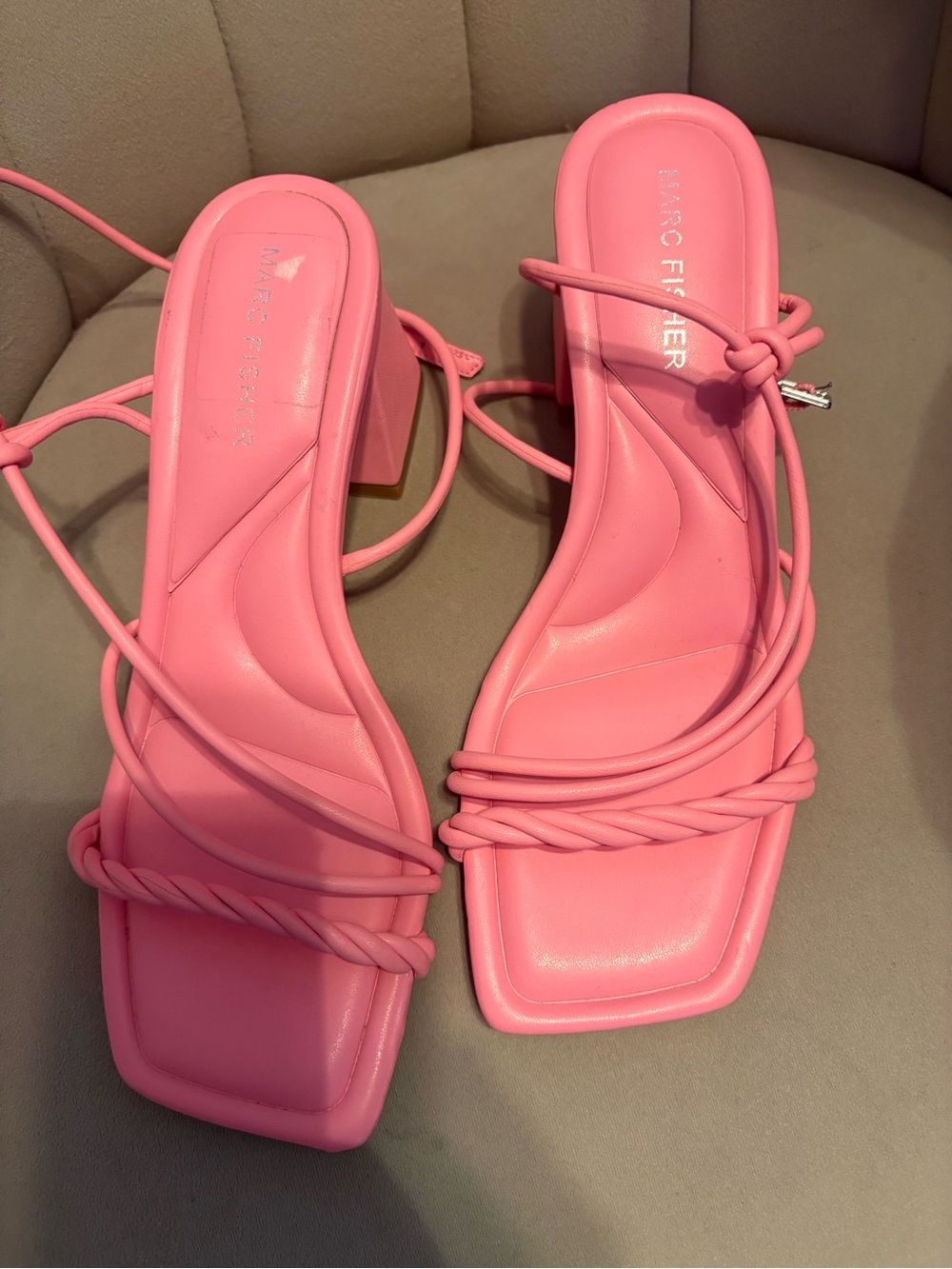 Marc Fisher Bubblegum Pink Twisted Strap Block Heel Sandals